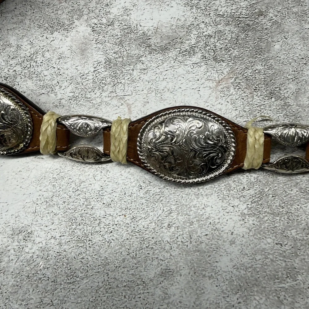 Vintage Justin Western Belt Mens 30 Brown Leather Concho Braided Silver Floral